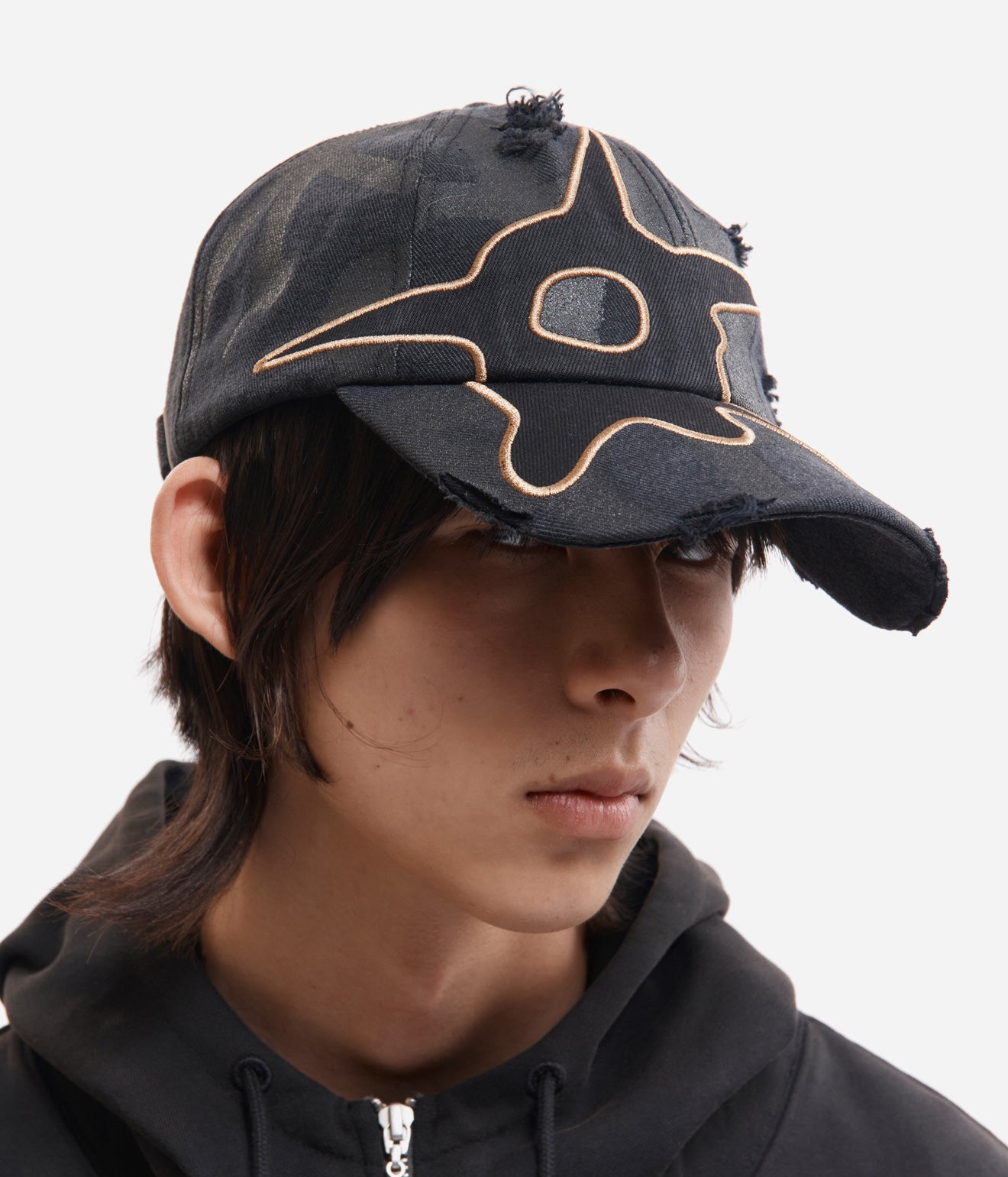 P.A.M. "DISTRESSED URCHIN TAG BASEBALL CAP" BLACK WASH