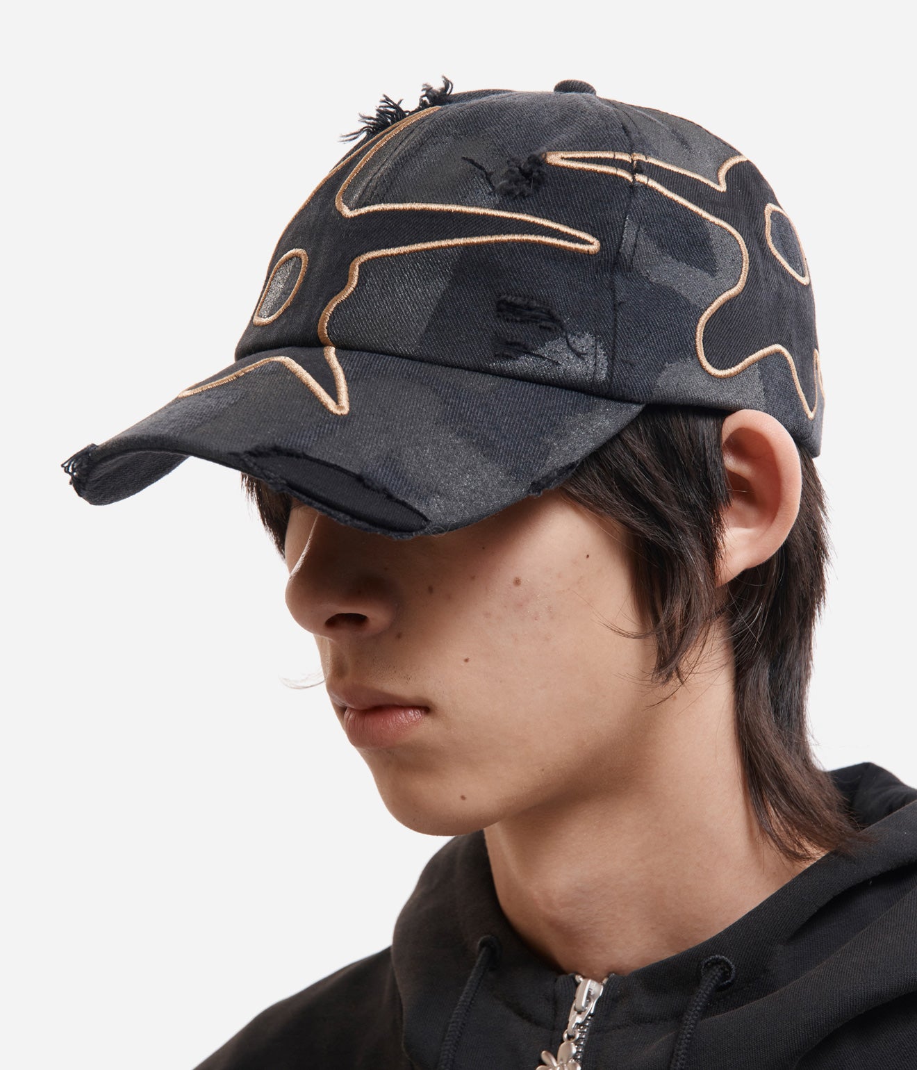 P.A.M. "DISTRESSED URCHIN TAG BASEBALL CAP" BLACK WASH