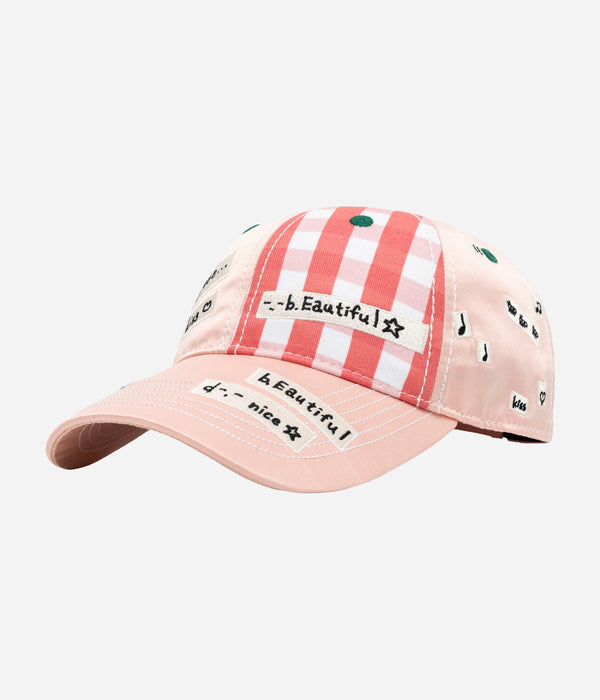 b.Eautiful x Shoma Mitani "Kiss <3 6 Panel Hat" Pink Satin / Red Checker - WEAREALLANIMALS