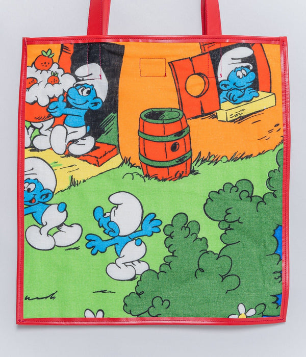 WEAREALLANIMALS UPCYCLE ”Piping Flat Tote -Vintage Smurf Fabric-" #1 - WEAREALLANIMALS