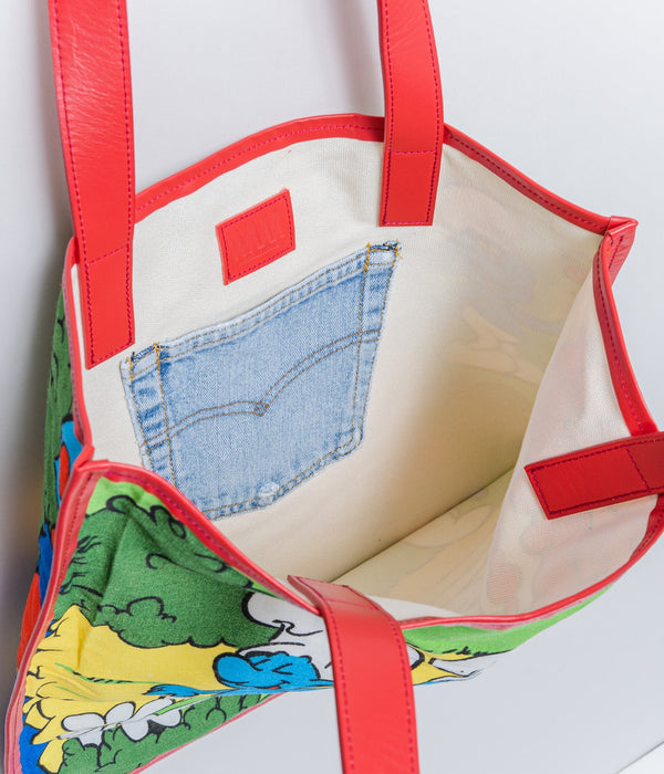 WEAREALLANIMALS UPCYCLE ”Piping Flat Tote -Vintage Smurf Fabric-" #10 - WEAREALLANIMALS