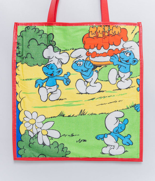 WEAREALLANIMALS UPCYCLE ”Piping Flat Tote -Vintage Smurf Fabric-" #10 - WEAREALLANIMALS