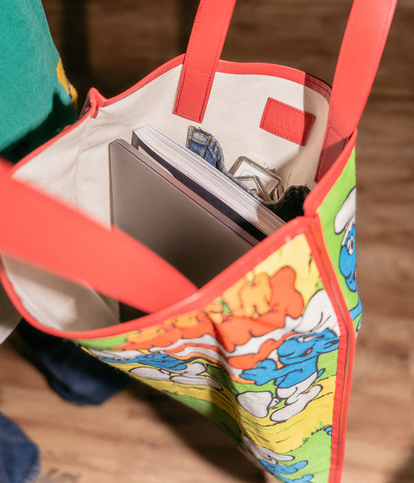 WEAREALLANIMALS UPCYCLE ”Piping Flat Tote -Vintage Smurf Fabric-" #10 - WEAREALLANIMALS