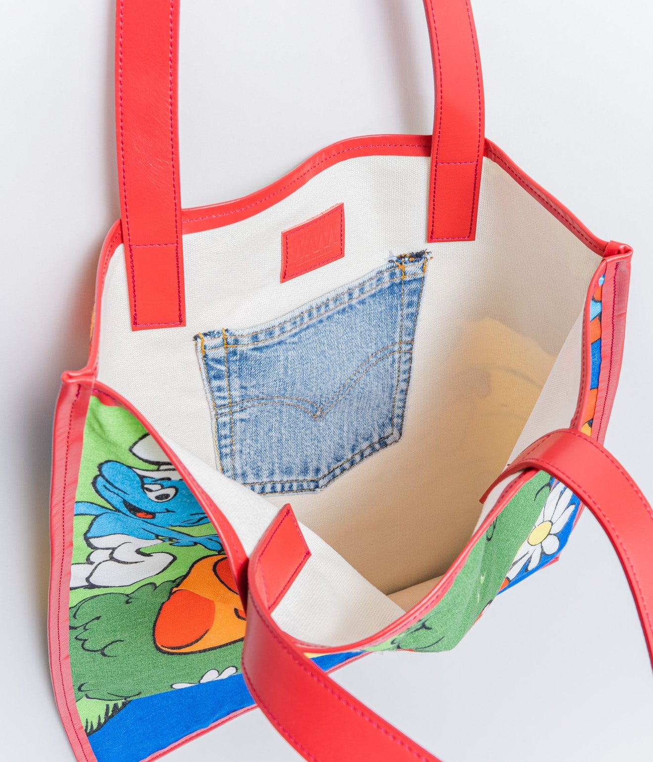 WEAREALLANIMALS UPCYCLE ”Piping Flat Tote -Vintage Smurf Fabric-" #6 - WEAREALLANIMALS